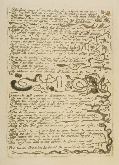 "ملكة إيثينثوس من المياه ..." ، اللوحة 16 من "أوروبا. نبوءة ، 1794 (نقش بارز مطبوع باللون البني الداكن مع مرحاض وزيت على ورق) بواسطة وليام بليك